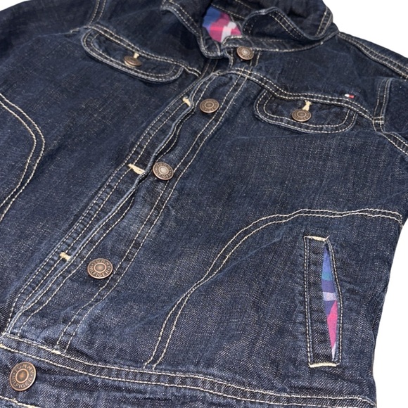 TOMMY HILFIGER girl's dark wash colourful plaid lined denim jacket, L (12-14). - Picture 4 of 6